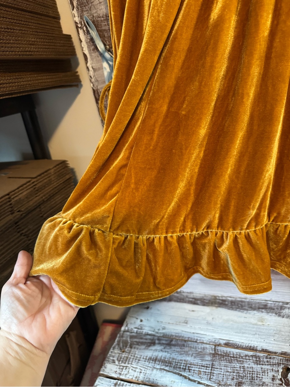 Velvet (faux) V-Neck Long-Sleeve Dress in Mustard - Picture 4 of 9